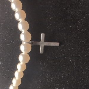 White Bead Faux Pearl Necklace with Silver Tone Cross